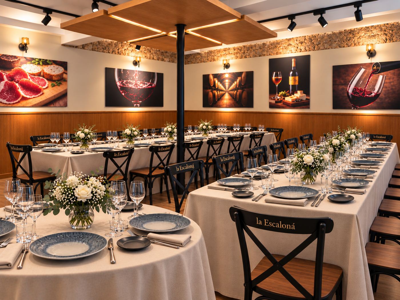 Salón de La Escaloná montado para una comida de grupo en Sevilla