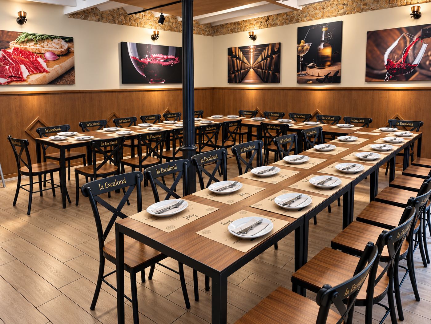 Salón de La Escaloná con mesas montadas para un grupo en Sevilla